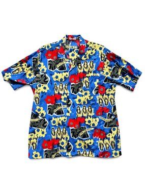 Honolulu Button-Up Shirt Short Sleeve Hawaiian Print Blue Size Large